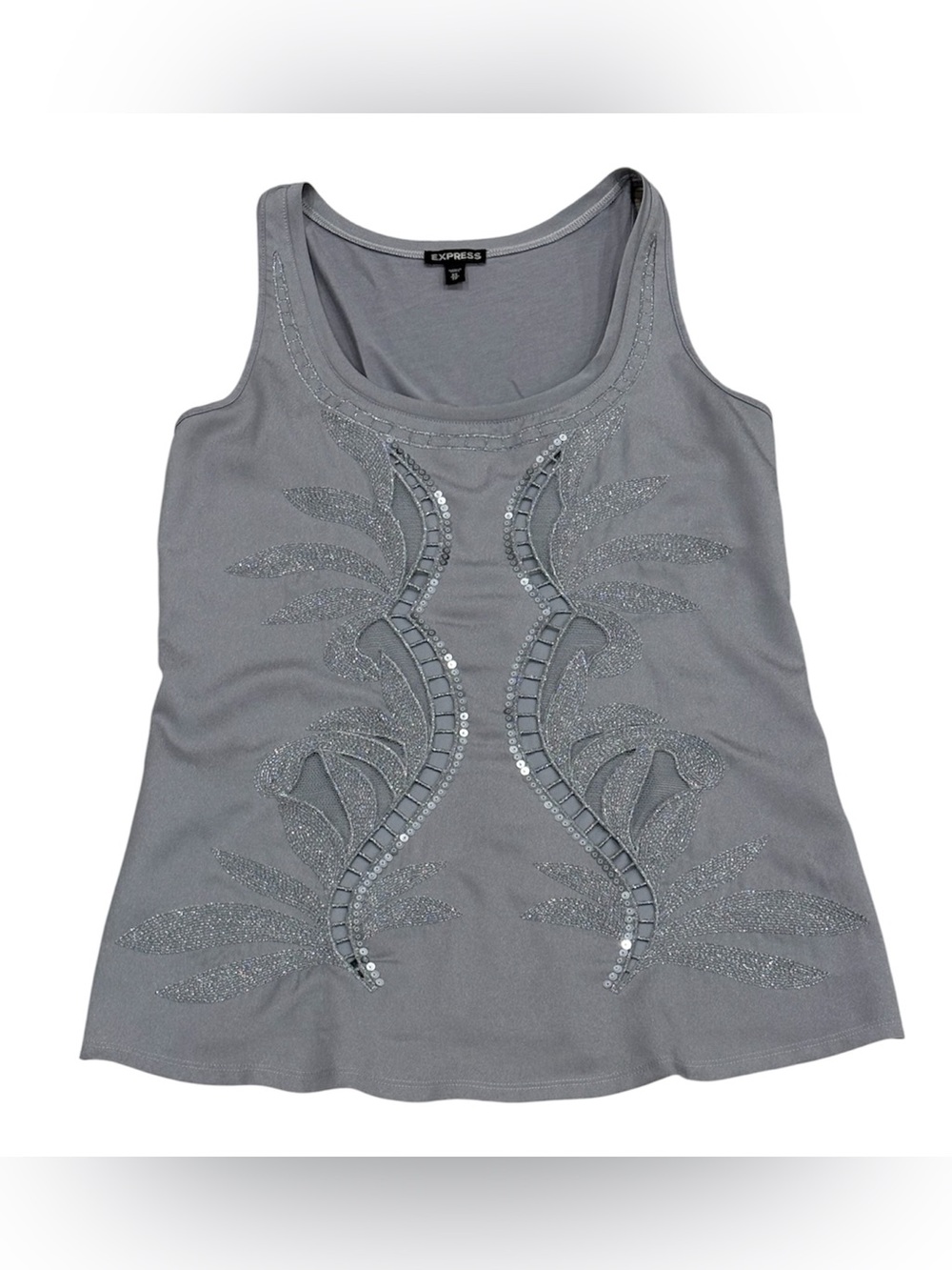 Express Women’s XS Gray Solid Woven Scoop Neck Sleeveless Sequin Beaded Tank